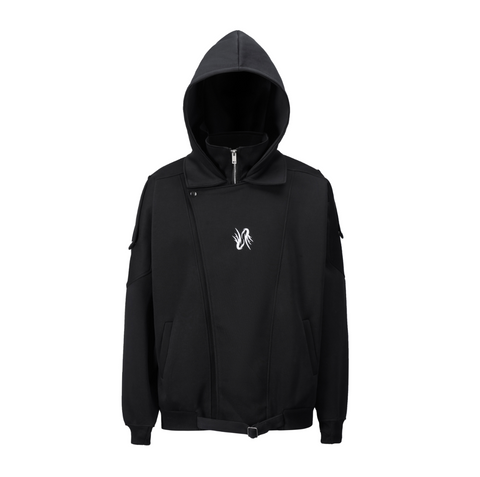 LAYERED-LOOK STAND-COLLAR ZIP HOODIE TT001