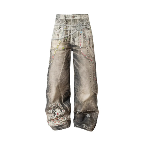 Lace Beaded Print Straight-Leg Jeans su001