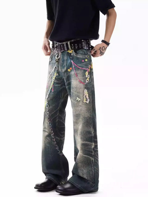 CHAIN PRINT WASHED STRAIGHT-LEG JEANS tt020