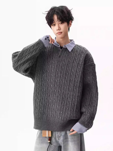 FAKE-LAYER CABLE-KNIT PANELLED POLO SWEATER tt015