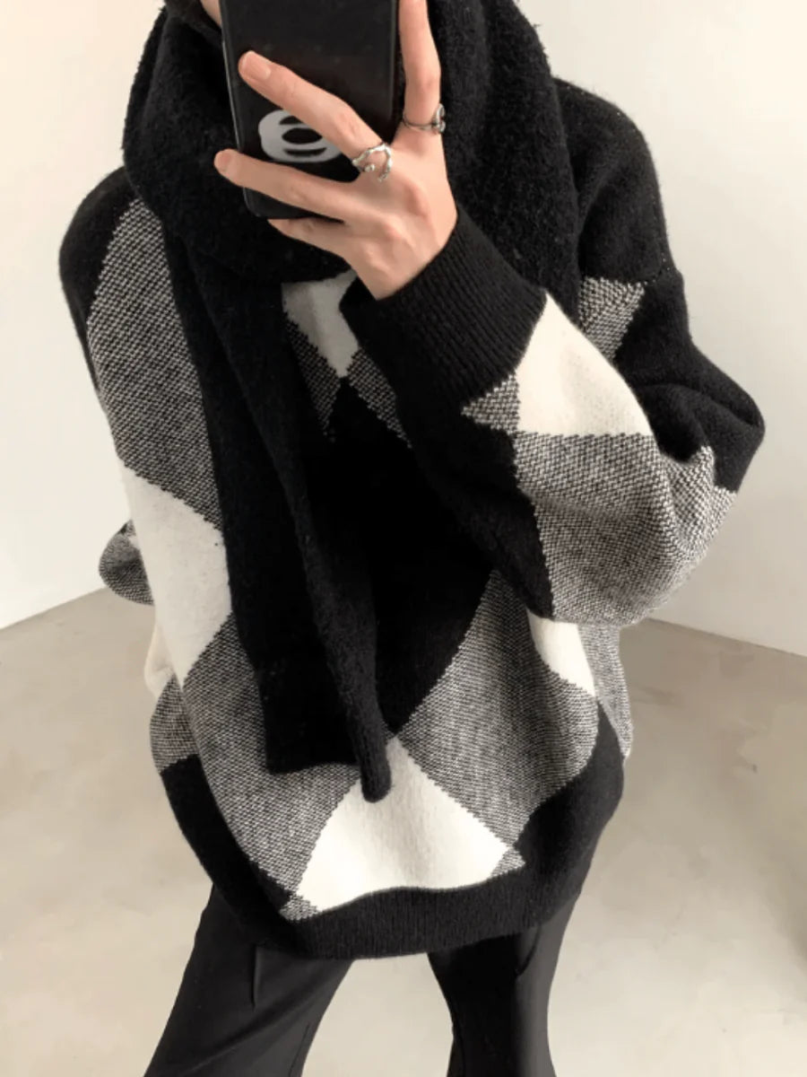 [AUTUMNWIND] BLACK AND WHITE HIGH-END DESIGN TURTLENECK SWEATER ST967