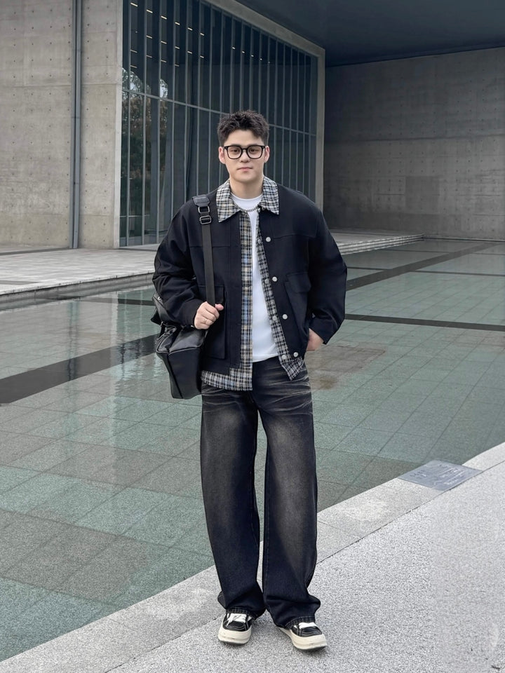 [OV] PLAID LAYERED WORK JACKET st5049