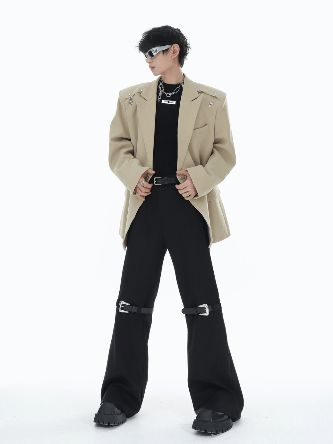 [MARTHENAUT] metal button multi drape straight pants st1993