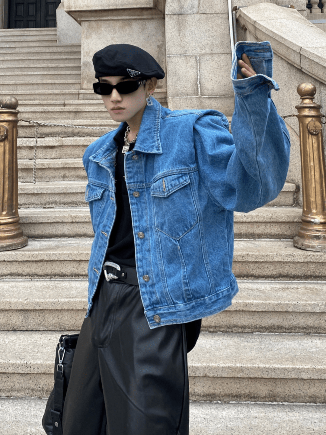 [ArguE CulturE] pleated design shoulder pad denim jacket st1645