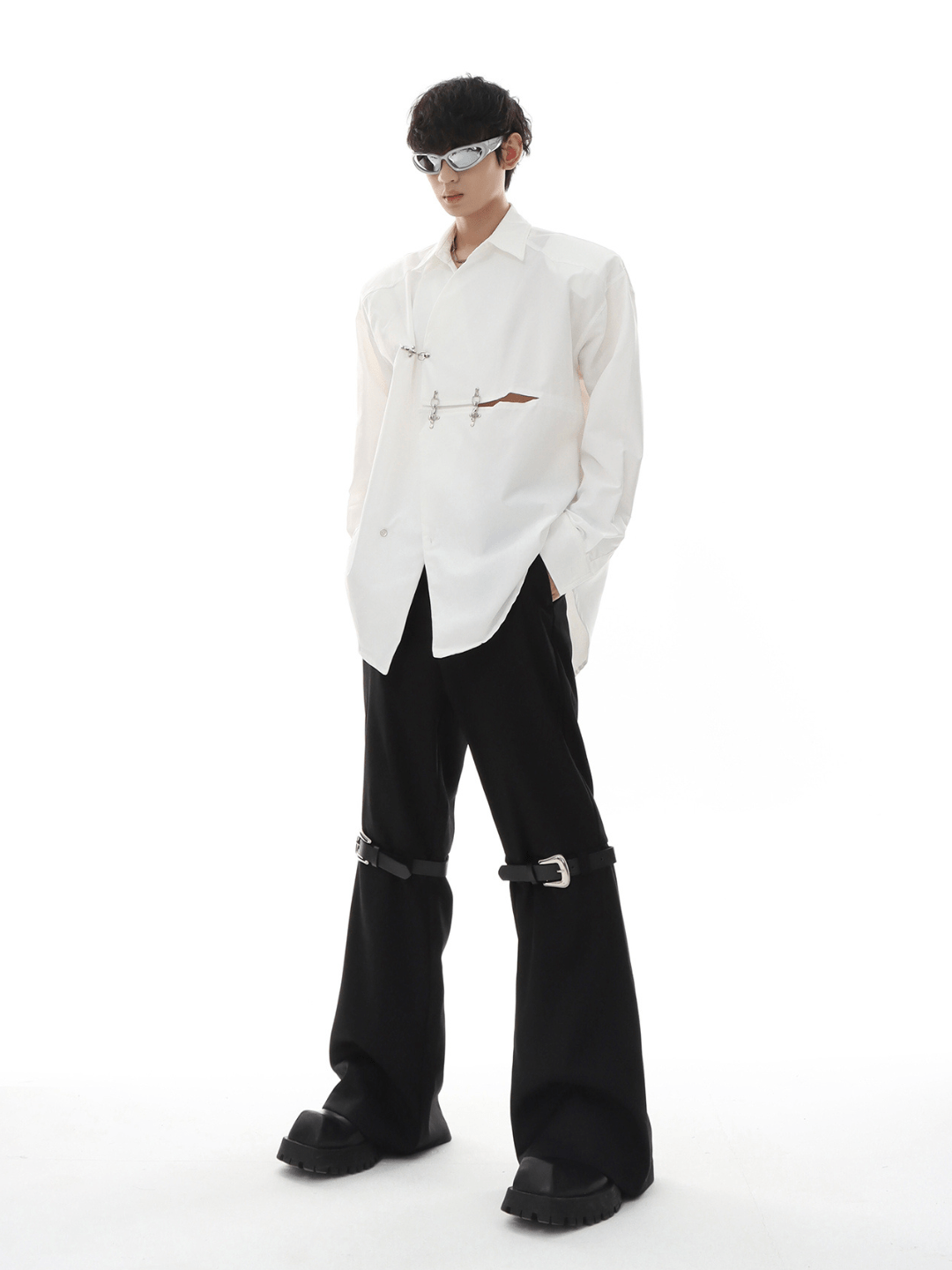 [MARTHENAUT] metal button multi drape straight pants st1993