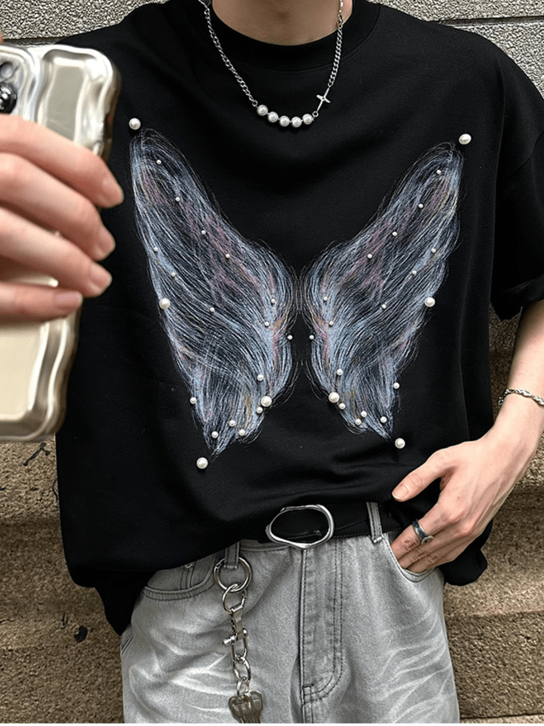 [JH HOMME] pearl butterfly print T-shirt st2254