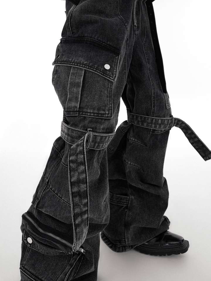 heavy wash deconstructed multi-pocket jeans na649