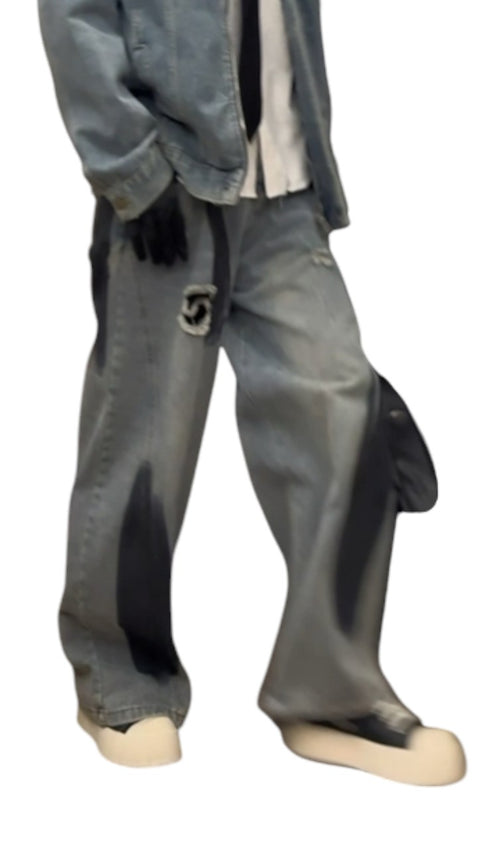 PANELLED DECONSTRUCTED DISTRESSED SPRAY-PAINTED DRAPE JEANS TT052