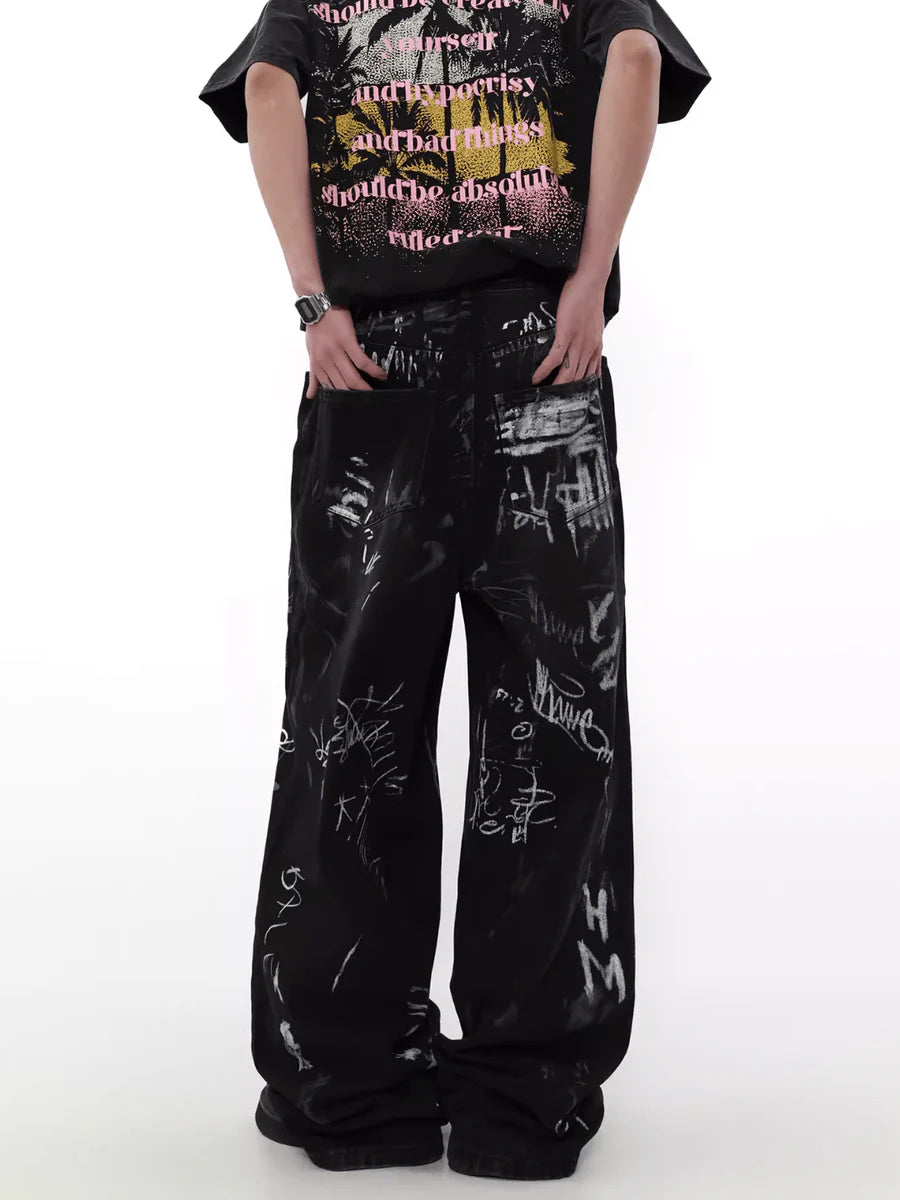 [MRNEARLY] GRAFFITI DESIGN WIDE-LEG LOOSE HIGH STREET PANTS ST1455