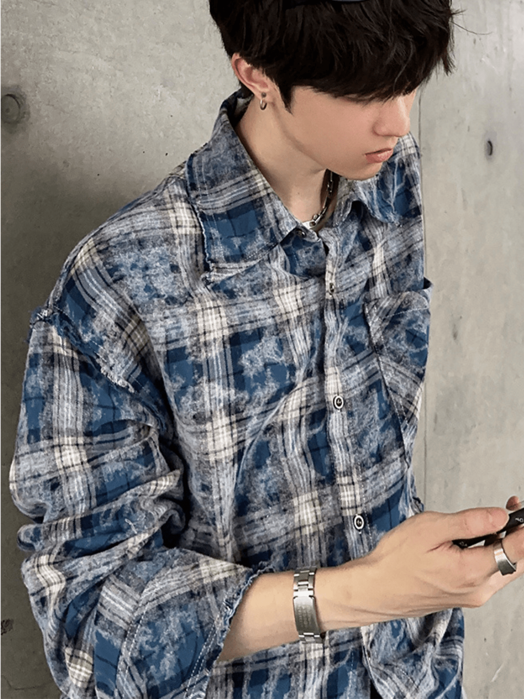 [JM HOMME] distressed raw edge plaid shirt st1836