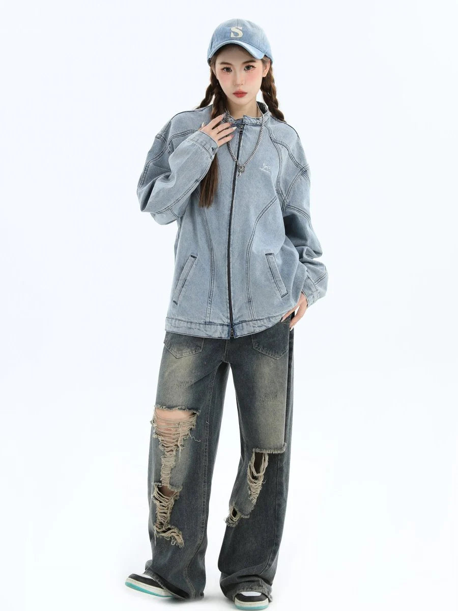 WASHED DENIM JACKET ZIPPER ST1064