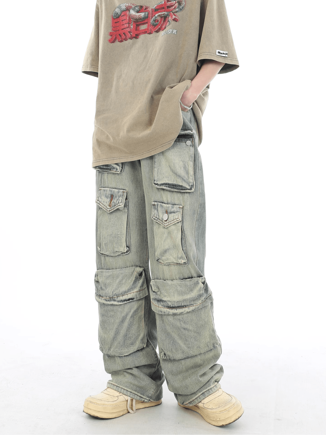 washed distressed multi-pocket jeans st1654