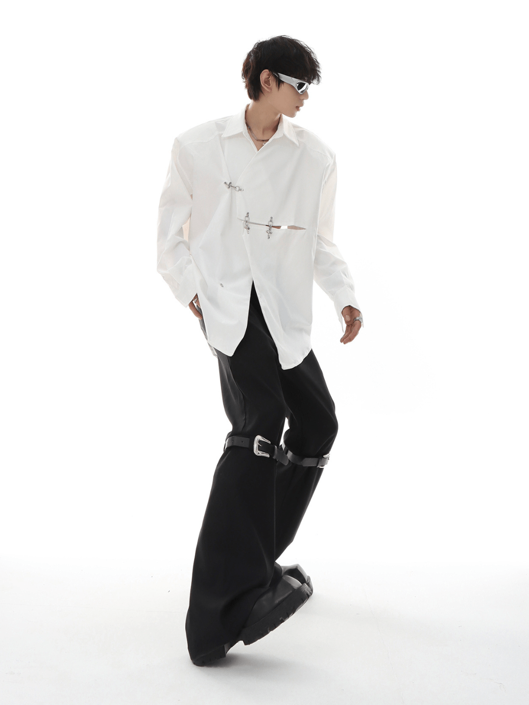 [MARTHENAUT] metal button multi drape straight pants st1993