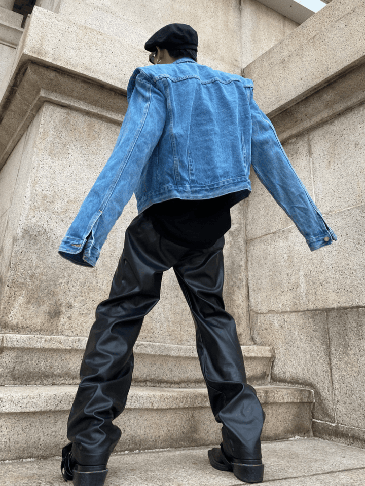 [ArguE CulturE] pleated design shoulder pad denim jacket st1645