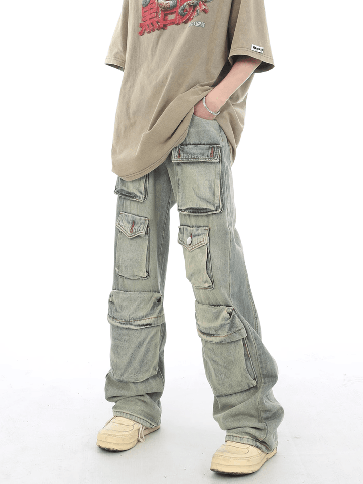 washed distressed multi-pocket jeans st1654