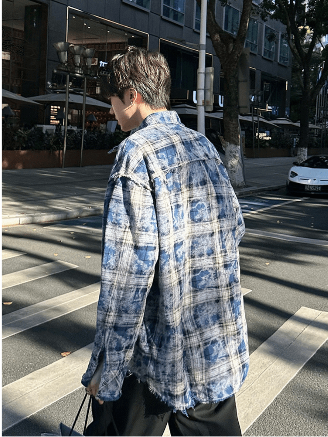 [JM HOMME] distressed raw edge plaid shirt st1836