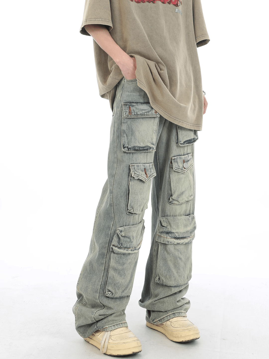 washed distressed multi-pocket jeans st1654