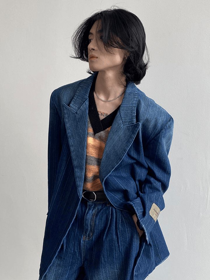 [GENESISBOY] Washed striped loose denim suit st1311