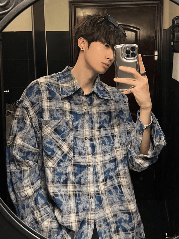 [JM HOMME] distressed raw edge plaid shirt st1836