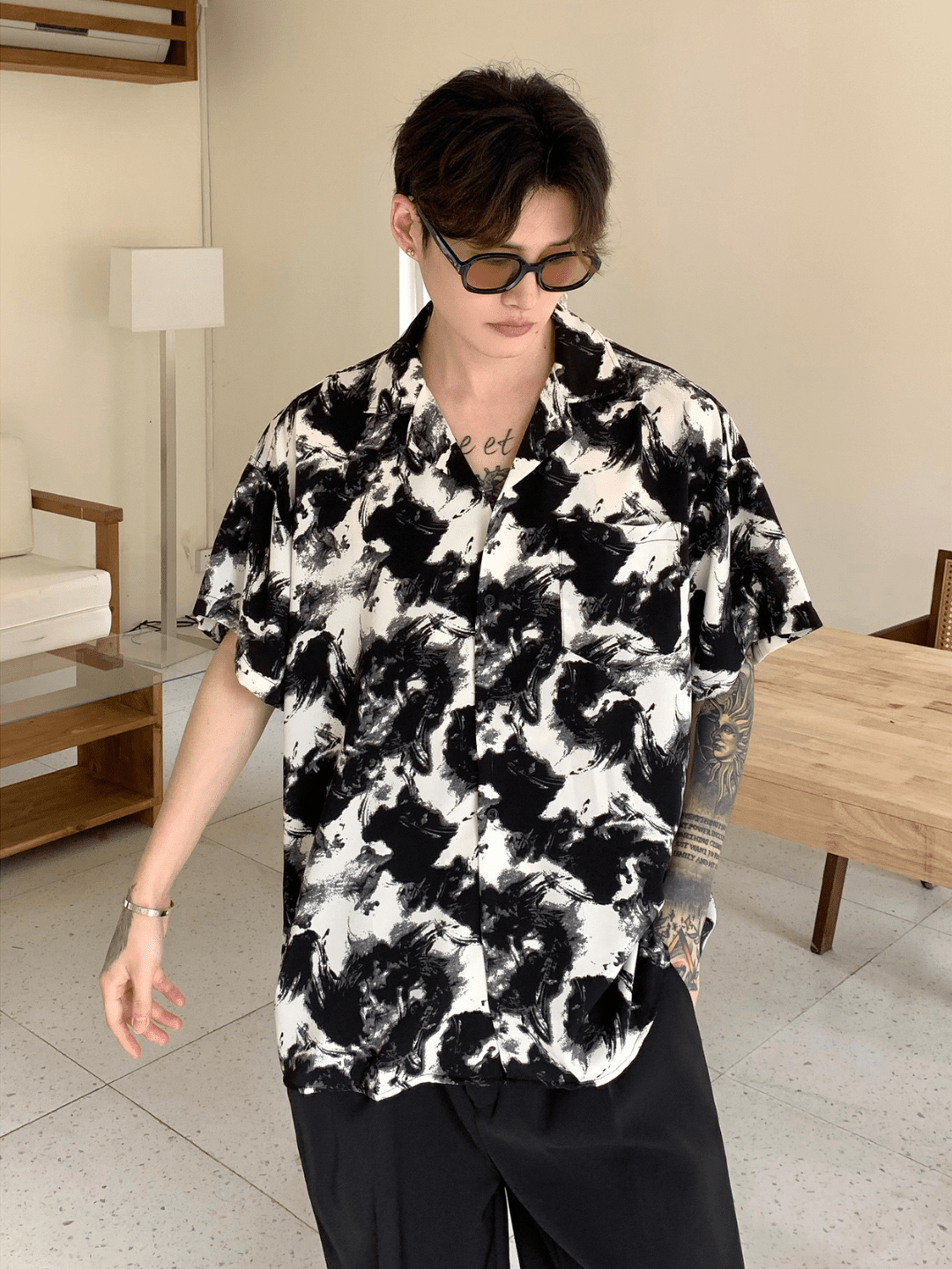 [CUIBUJU] Niche Tie-dye Color-blocked Collar Shirt st2066