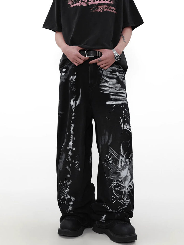 [MRNEARLY] GRAFFITI DESIGN WIDE-LEG LOOSE HIGH STREET PANTS ST1455