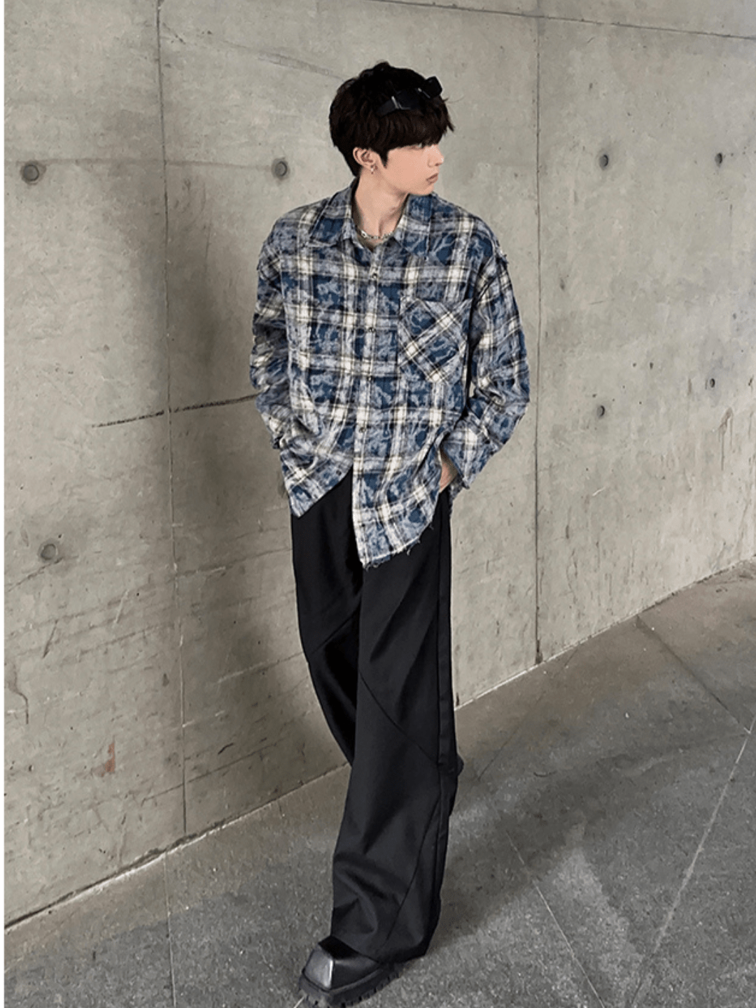 [JM HOMME] distressed raw edge plaid shirt st1836