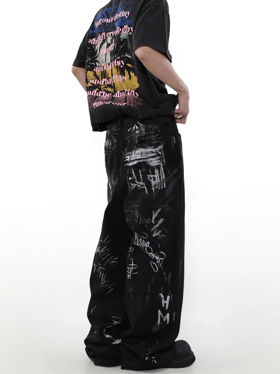 [MRNEARLY] GRAFFITI DESIGN WIDE-LEG LOOSE HIGH STREET PANTS ST1455