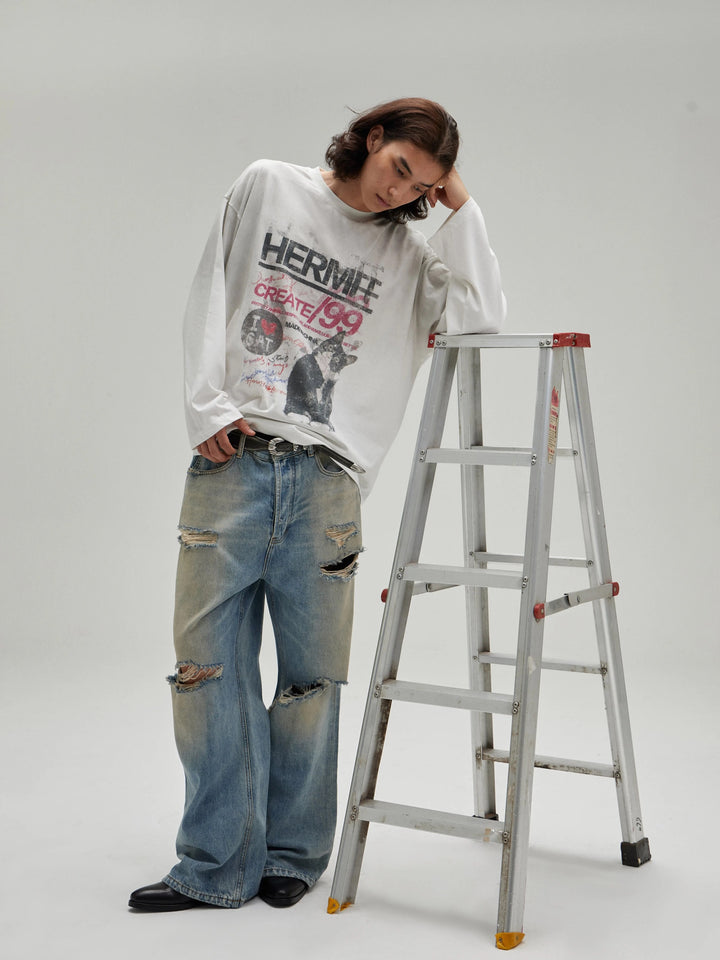 [FLAT ROOM] VINTAGE CAT PRINT LONG SLEEVE TEE ST2062