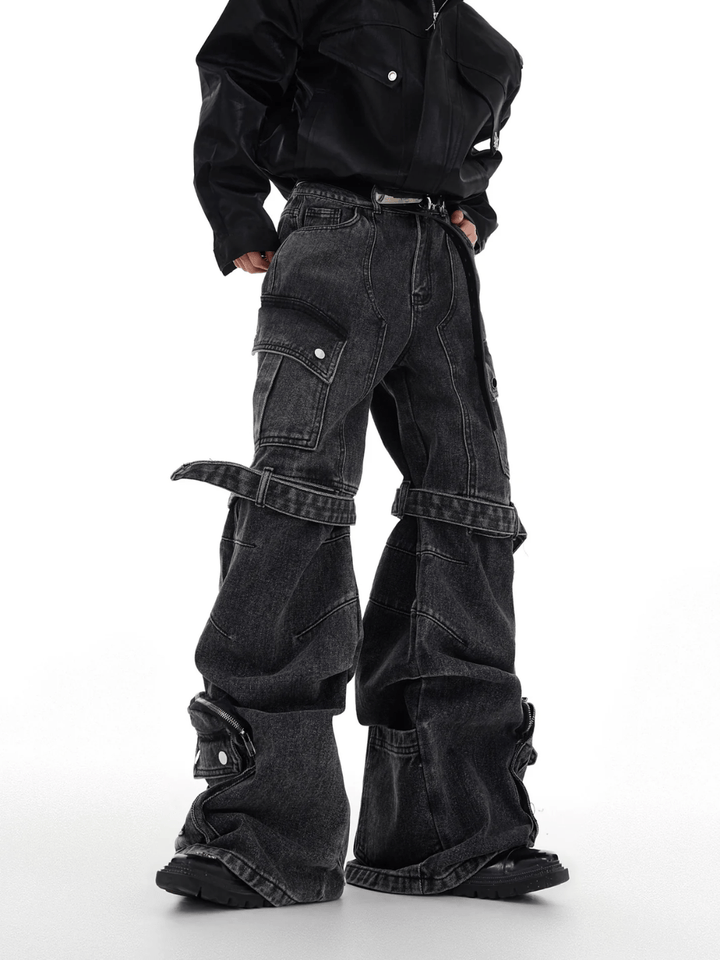 heavy wash deconstructed multi-pocket jeans na649