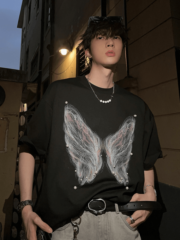 [JH HOMME] pearl butterfly print T-shirt st2254