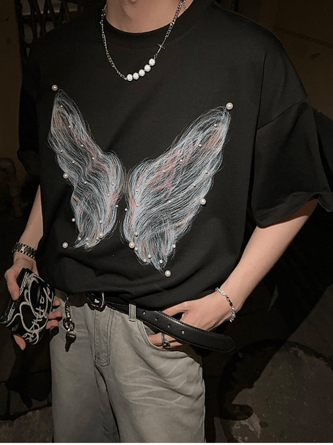 [JH HOMME] pearl butterfly print T-shirt st2254