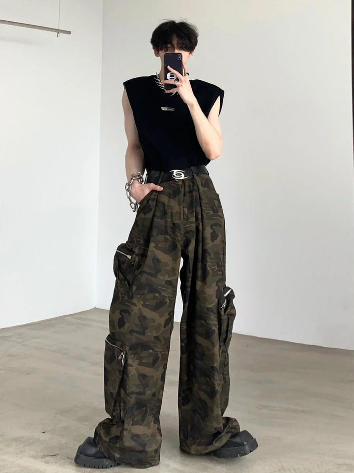 [AUTUMNWIND] CAMOUFLAGE WIDE LEG POCKETS WORK PANTS ST912