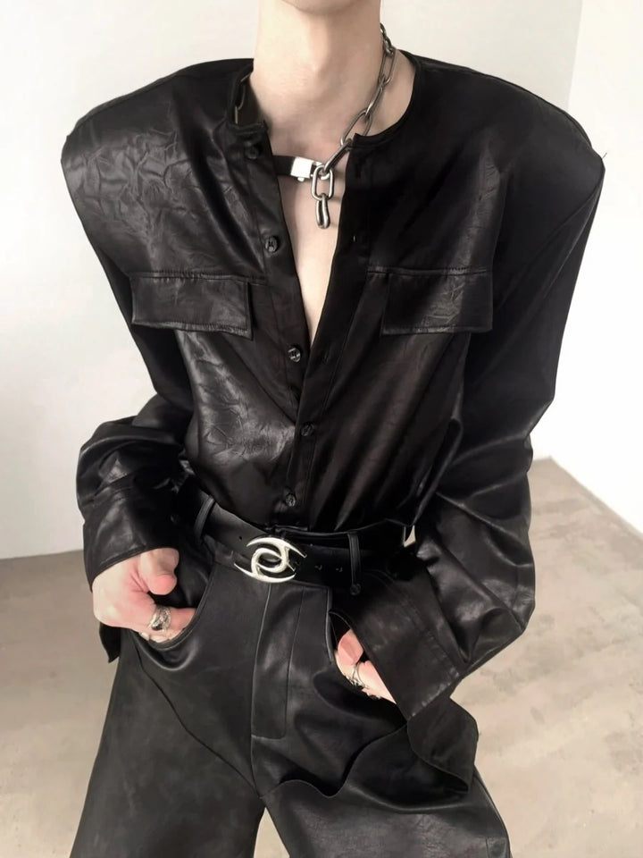 [AUTUMNWIND] BLACK LEATHER SHIRT ST916