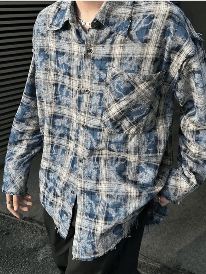 [JM HOMME] distressed raw edge plaid shirt st1836