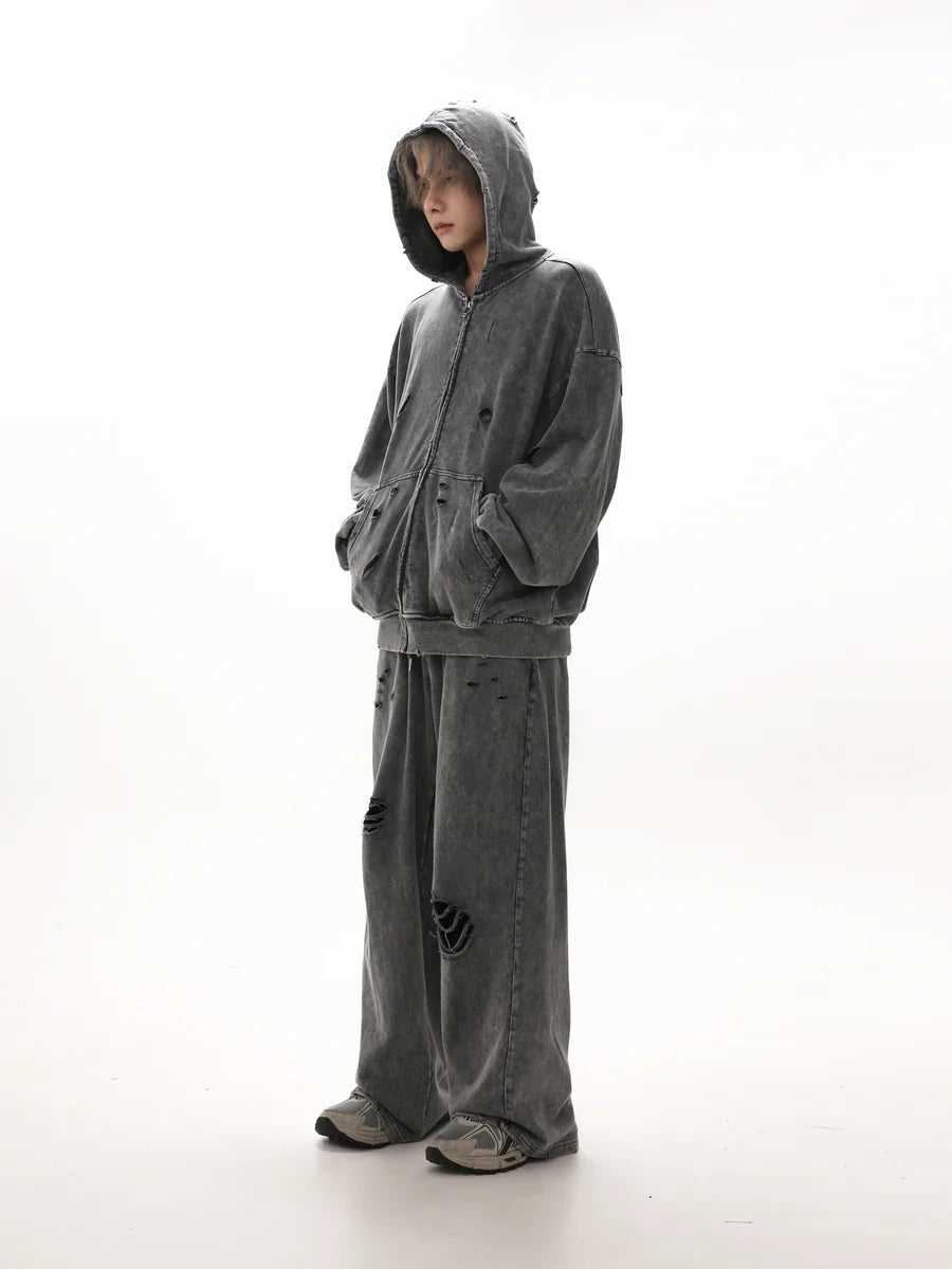 [GIBBYCNA] DAMAGE ZIPPER HOODIE & WIDE-LEG DAMAGE SWEATPANTS ST1057