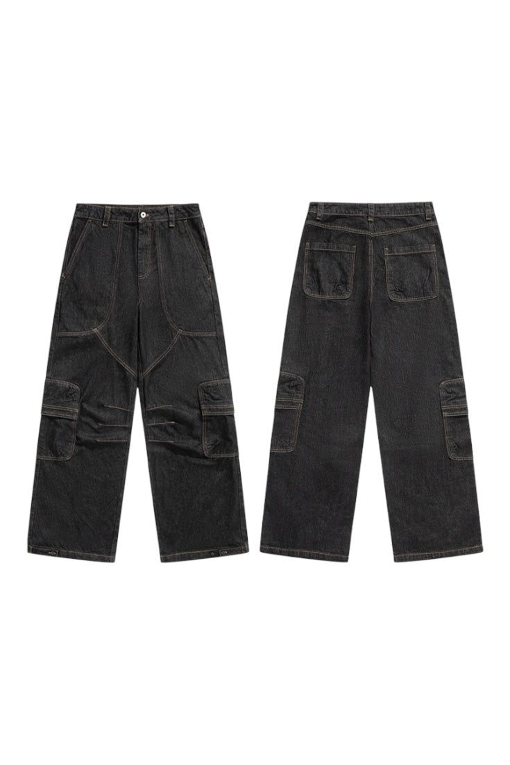 [FLAT ROOM] INDUSTRIAL CURVED CUT SELVEDGE DENIM BAGGY PANTS ST2052