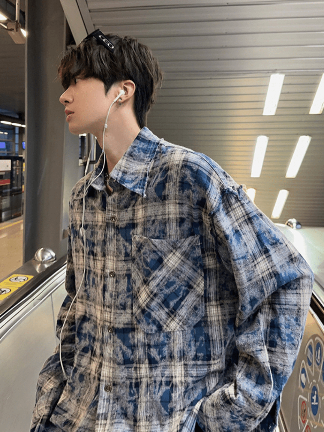 [JM HOMME] distressed raw edge plaid shirt st1836