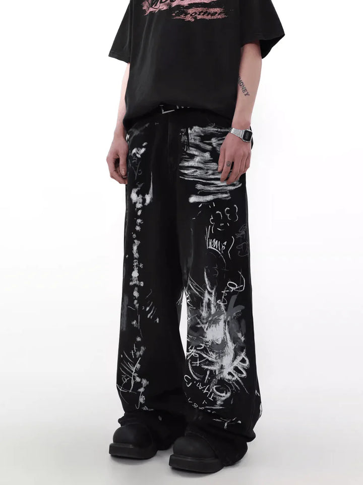 [MRNEARLY] GRAFFITI DESIGN WIDE-LEG LOOSE HIGH STREET PANTS ST1455