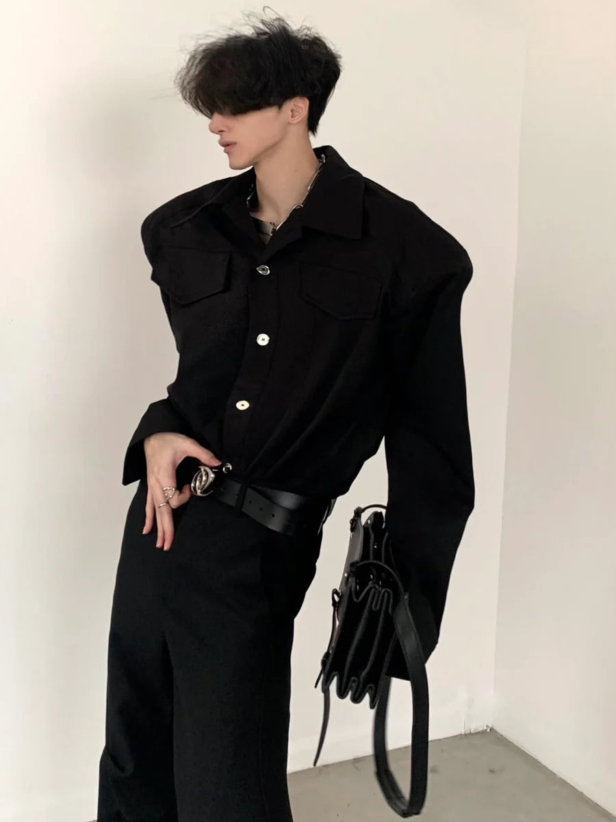 [AUTUMNWIND] BLACK SHOULDER PADS METAL PUNK SHIRT ST915