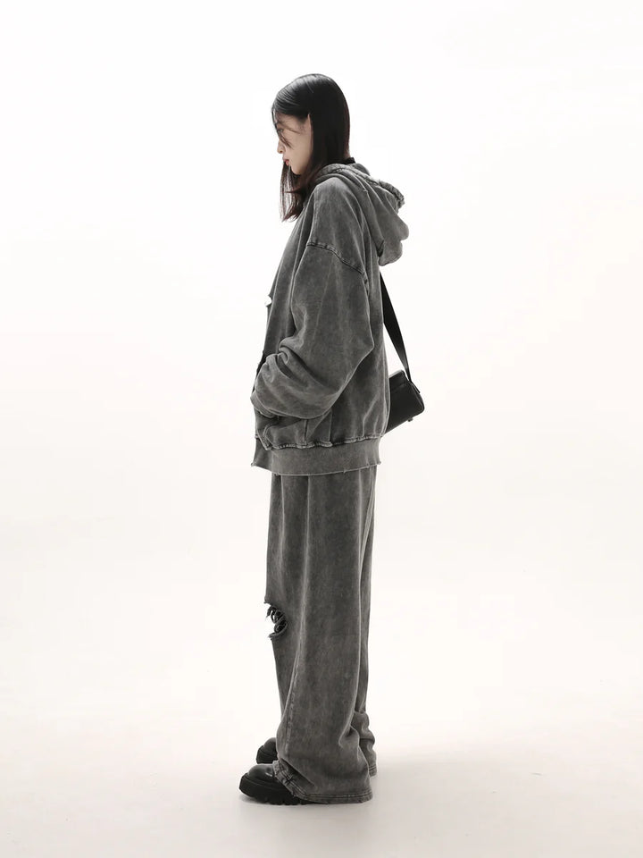 [GIBBYCNA] DAMAGE ZIPPER HOODIE & WIDE-LEG DAMAGE SWEATPANTS ST1057