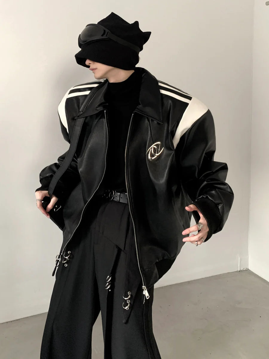 [AUTUMNWIND] BLACK COTTON THICKENED LEATHER JACKET ST951