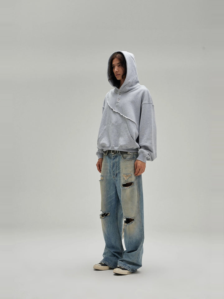 [FLAT ROOM] ASYMMETRIC BUTTON-UP HOODED SWEATSHIRT ST2057