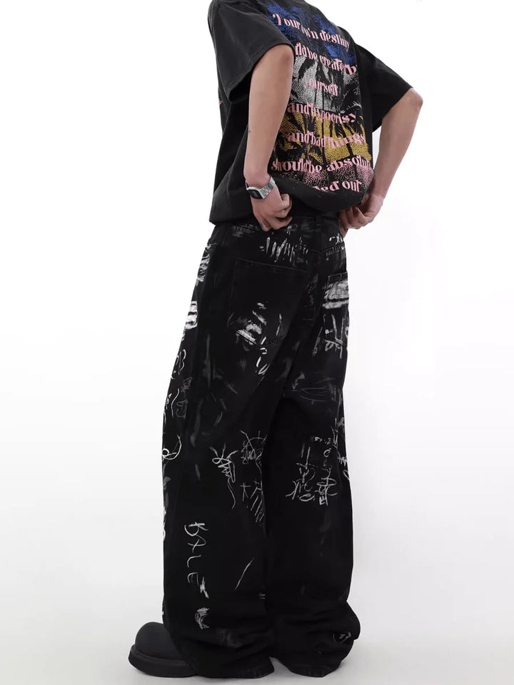 [MRNEARLY] GRAFFITI DESIGN WIDE-LEG LOOSE HIGH STREET PANTS ST1455