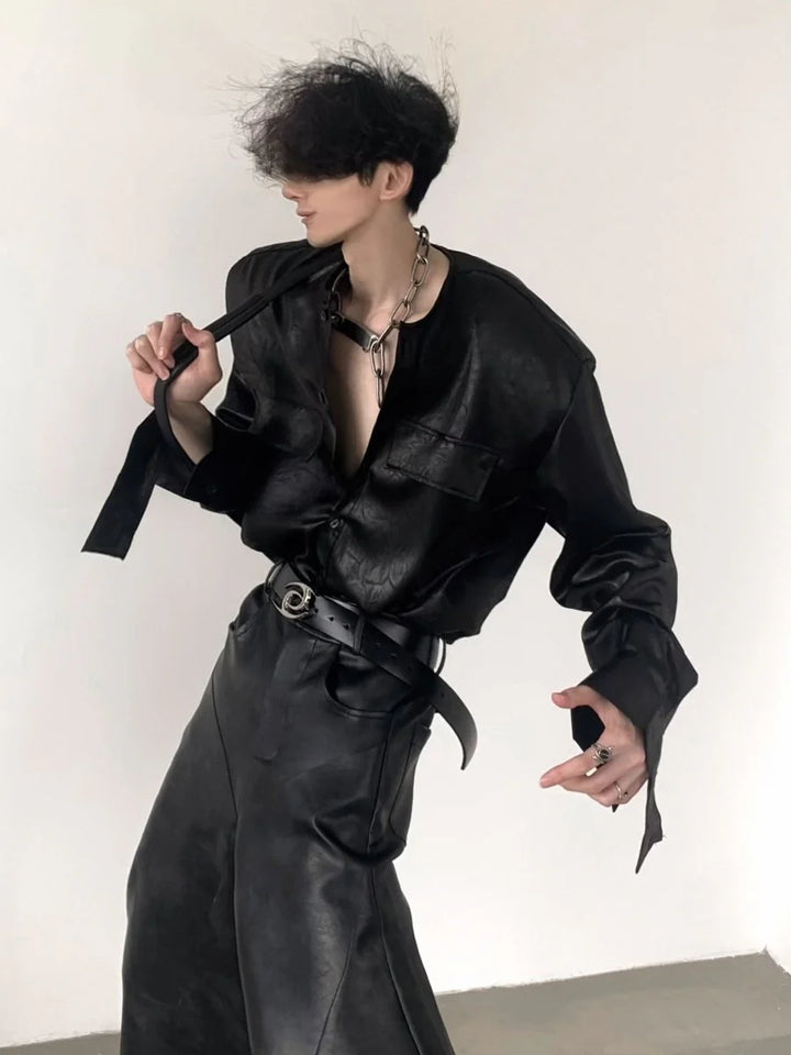 [AUTUMNWIND] BLACK LEATHER SHIRT ST916