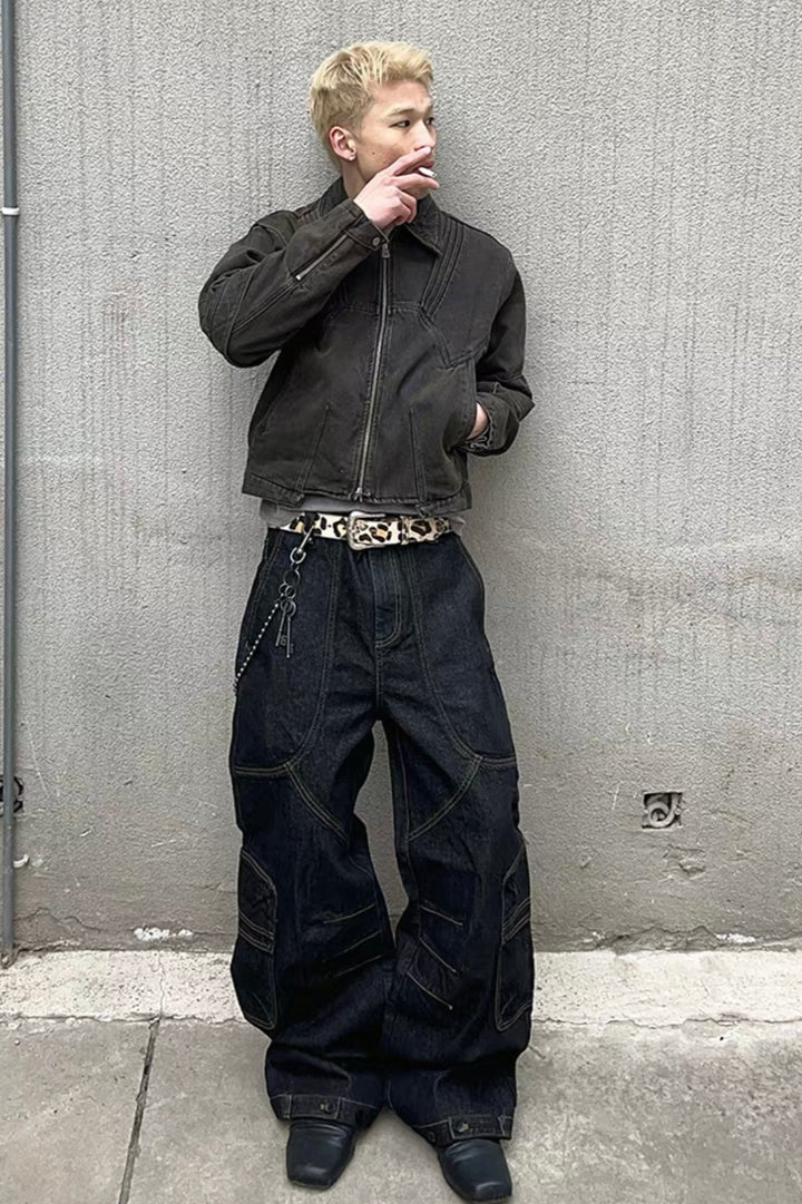 [FLAT ROOM] INDUSTRIAL CURVED CUT SELVEDGE DENIM BAGGY PANTS ST2052