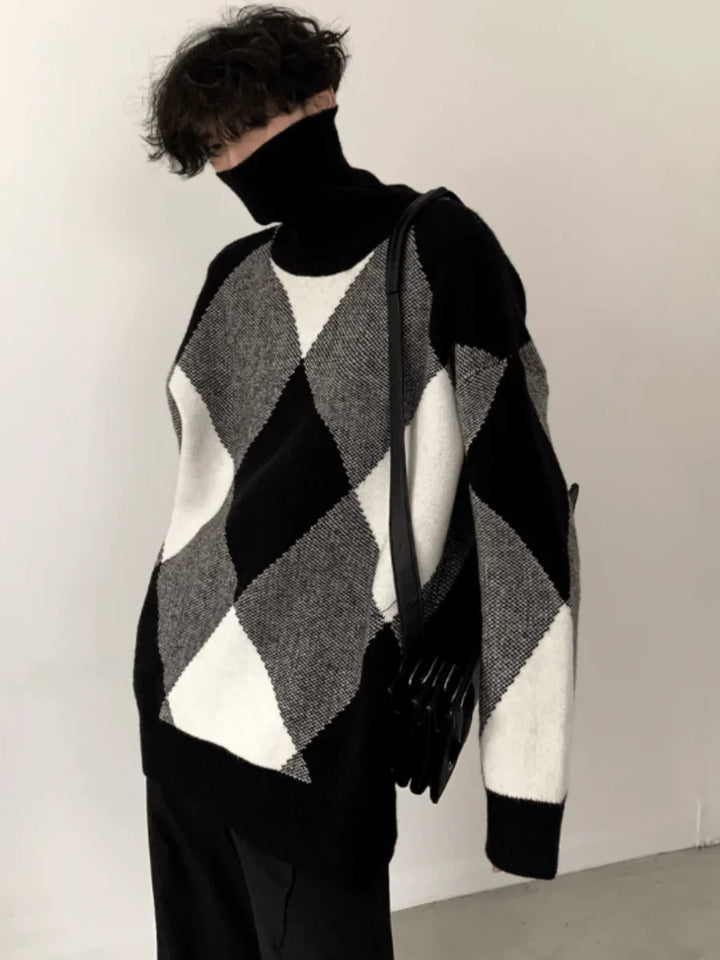 [AUTUMNWIND] BLACK AND WHITE HIGH-END DESIGN TURTLENECK SWEATER ST967