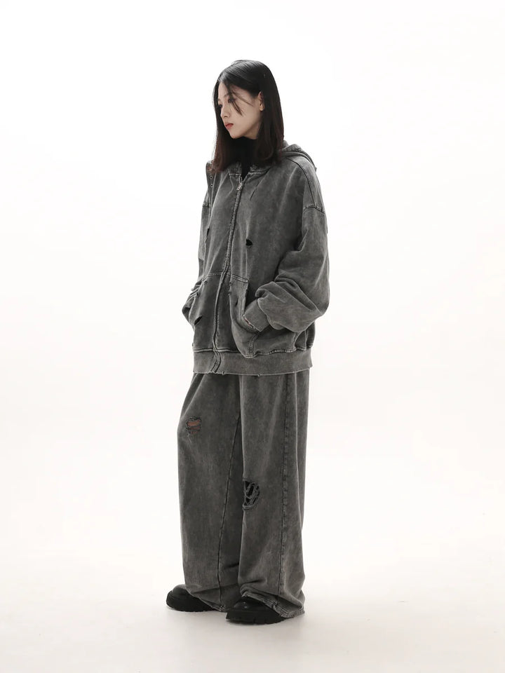 [GIBBYCNA] DAMAGE ZIPPER HOODIE & WIDE-LEG DAMAGE SWEATPANTS ST1057