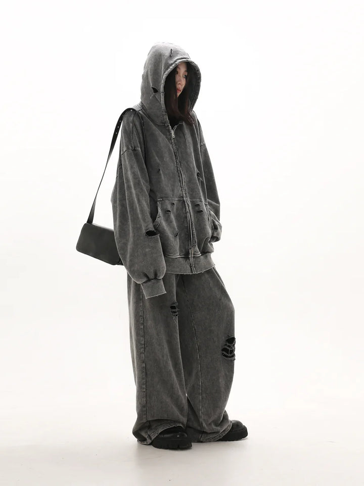 [GIBBYCNA] DAMAGE ZIPPER HOODIE & WIDE-LEG DAMAGE SWEATPANTS ST1057