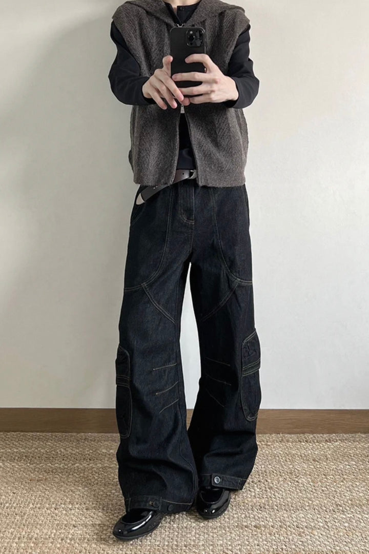 [FLAT ROOM] INDUSTRIAL CURVED CUT SELVEDGE DENIM BAGGY PANTS ST2052