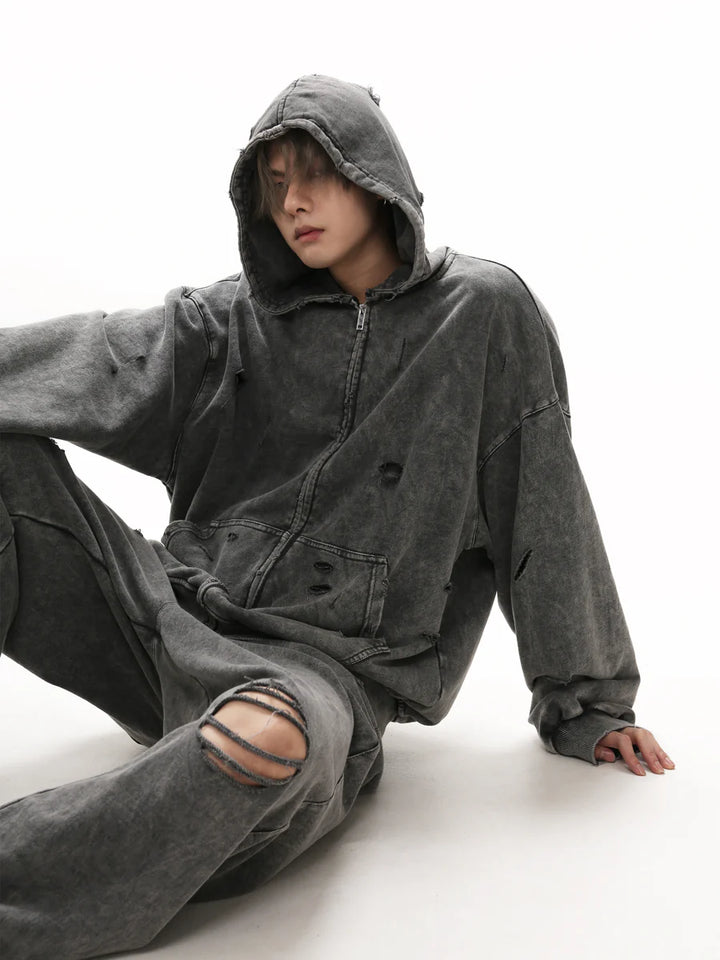 [GIBBYCNA] DAMAGE ZIPPER HOODIE & WIDE-LEG DAMAGE SWEATPANTS ST1057